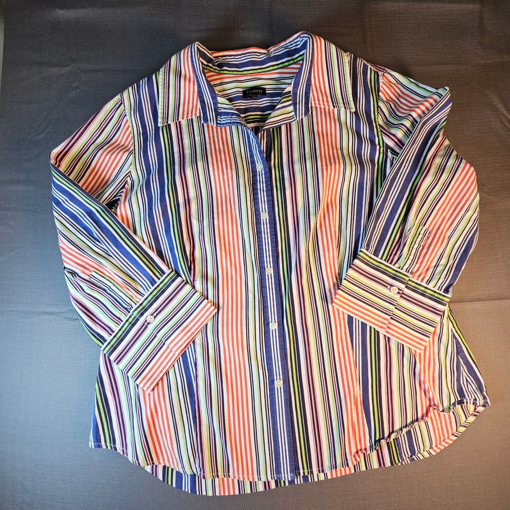 Talbots Striped Button Down Shirt Womens Size 18 Multi Color 3/4 sleeve
